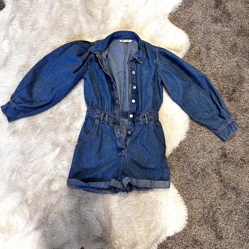Zara Denim Romper With Balloon Sleeves Size XS